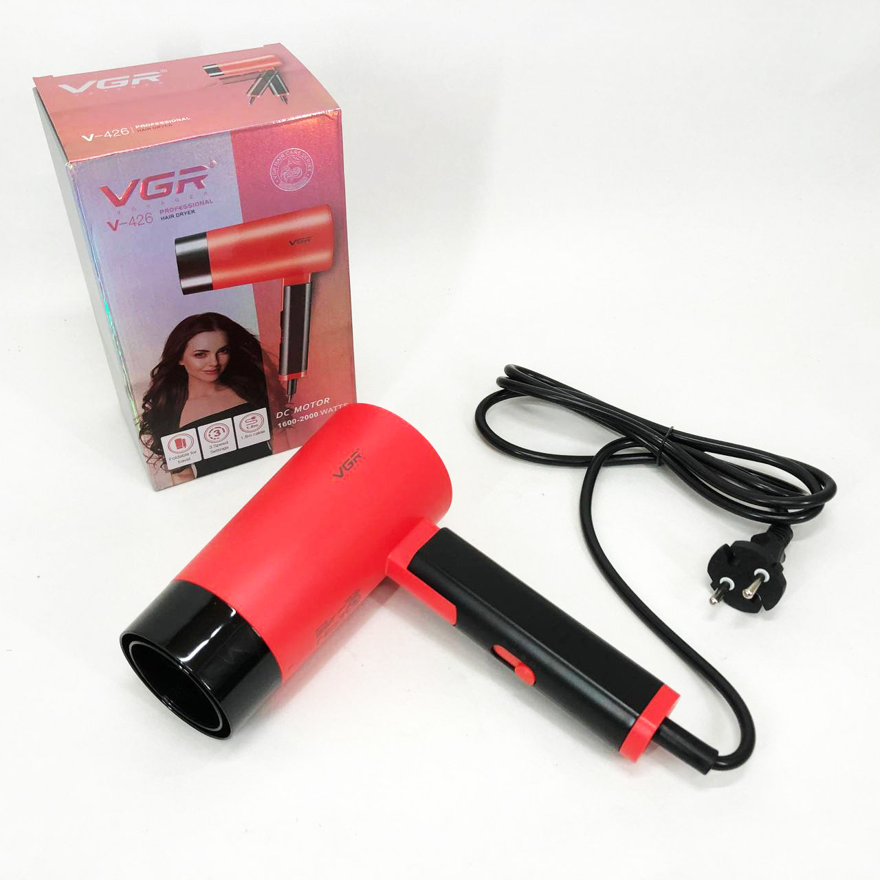Фен со складной ручкой для волос VGR V-426 2000Вт, Стильный фен для укладки волос. Цвет: красный