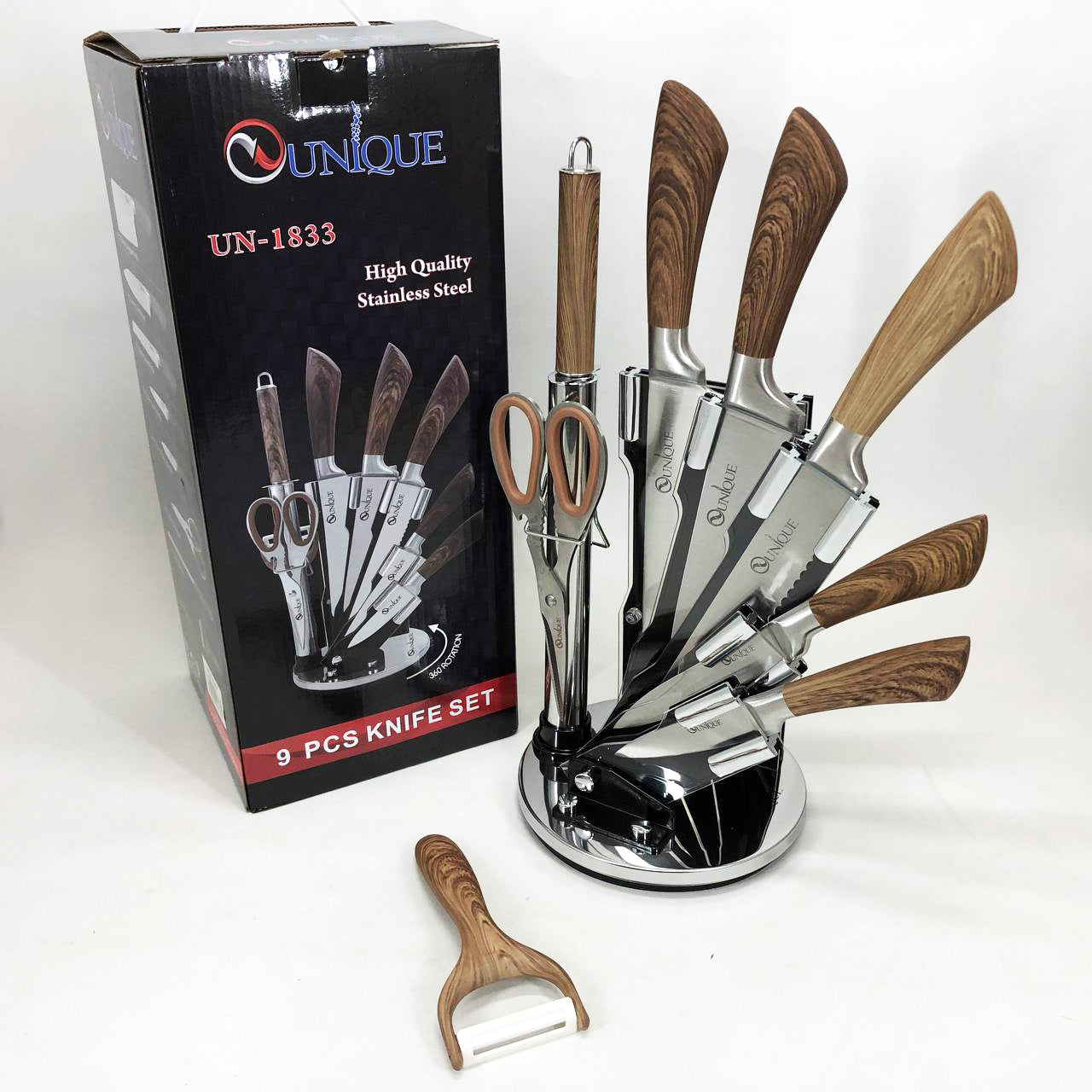Набор кухонных ножей UNIQUE UN-1833 с деревянными ручками и подставкой