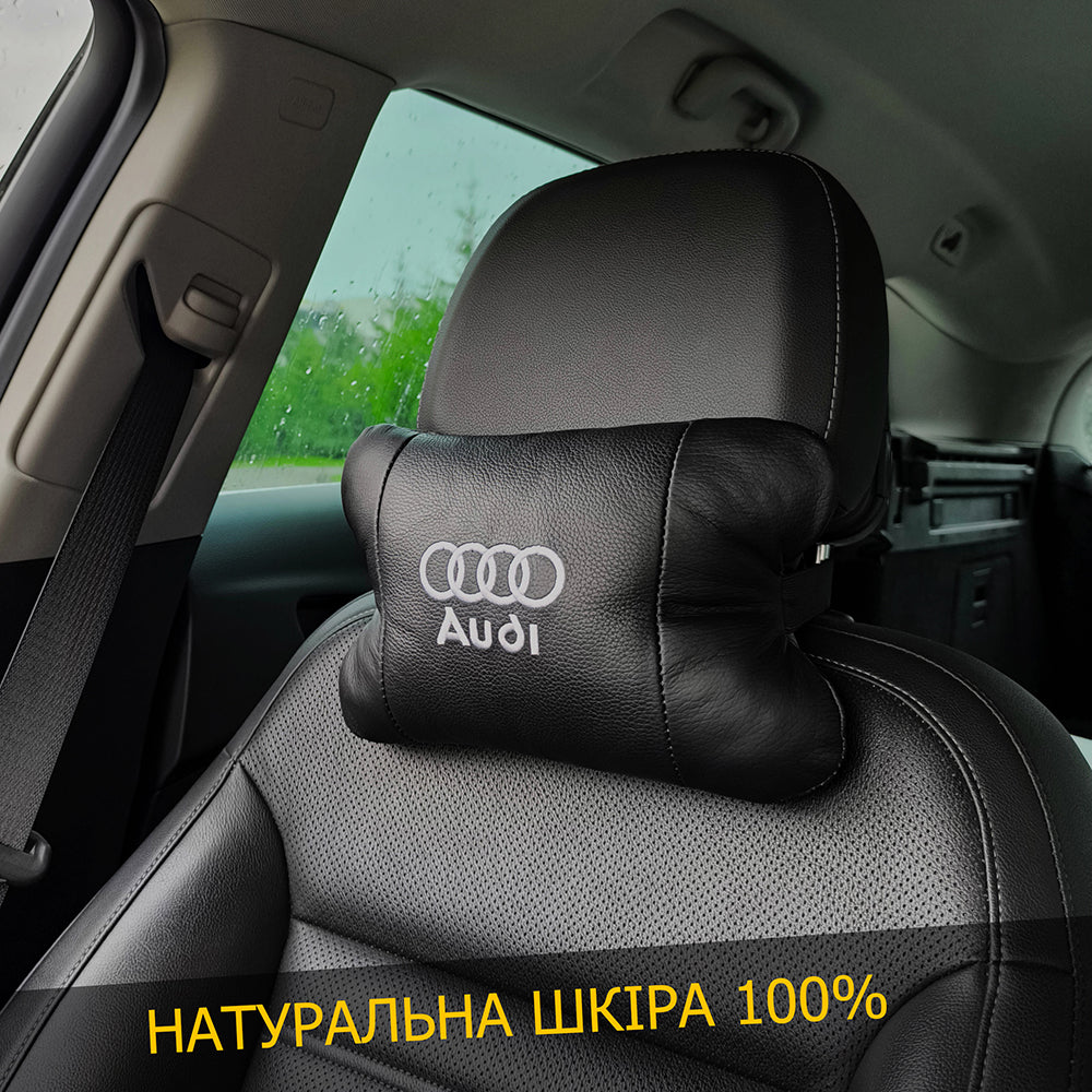 Автомобильная подушка для подголовника Audi – черная натуральная кожа