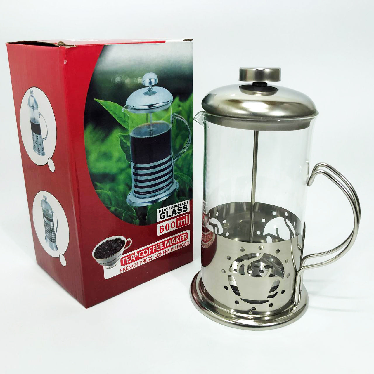 Френч-пресс заварник металлический корпус UNIQUE UN-1152 600 мл, Стеклянный заварочный чайник для чая