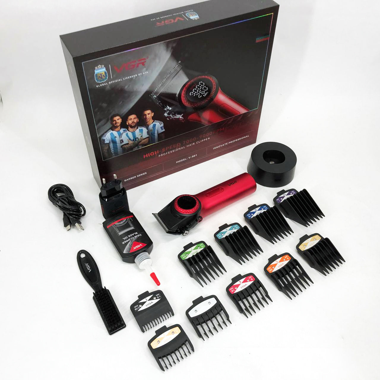 Професійна машинка для стрижки волосся VGR V-001 RED з дисплеєм 9000 об та 10 насадками (1,5-24 мм)