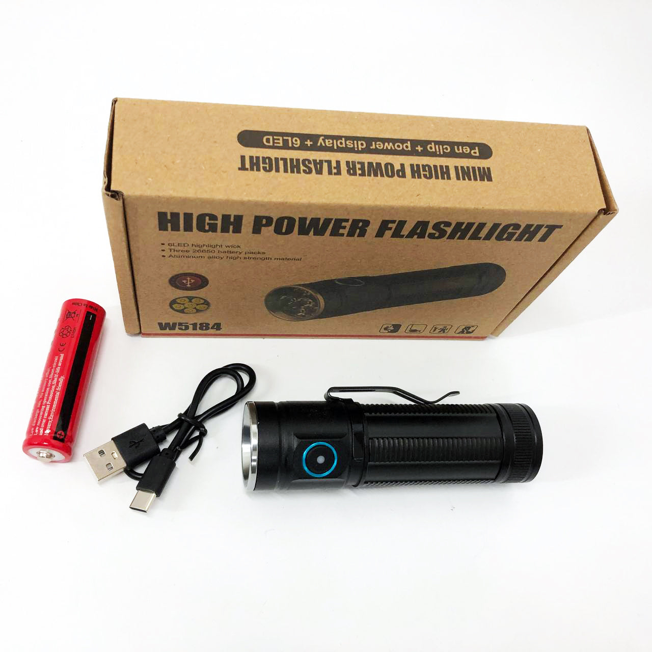 Ручний ліхтарик W5184-6XHP360, Супер яскравий ліхтарик, Суперпотужний пошуковий ручний ліхтар тактичний