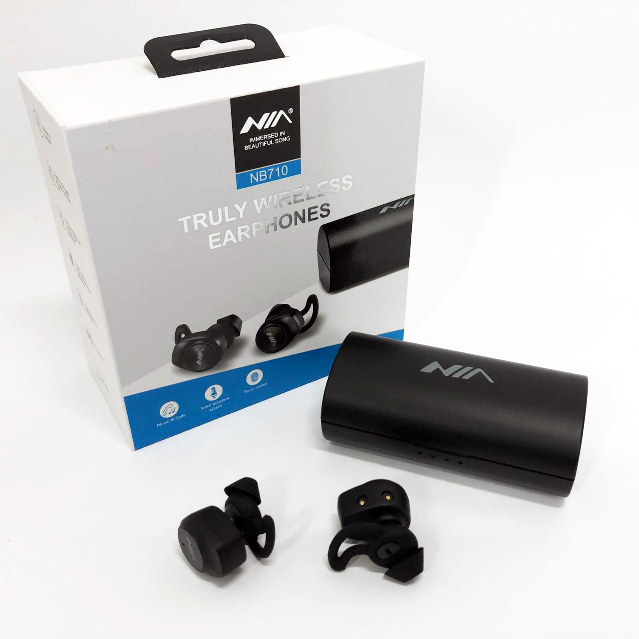 Наушники Bluetooth NIA NB710 с кейсом черные беспроводные, Наушники для тренировок сенсорные беспроводные