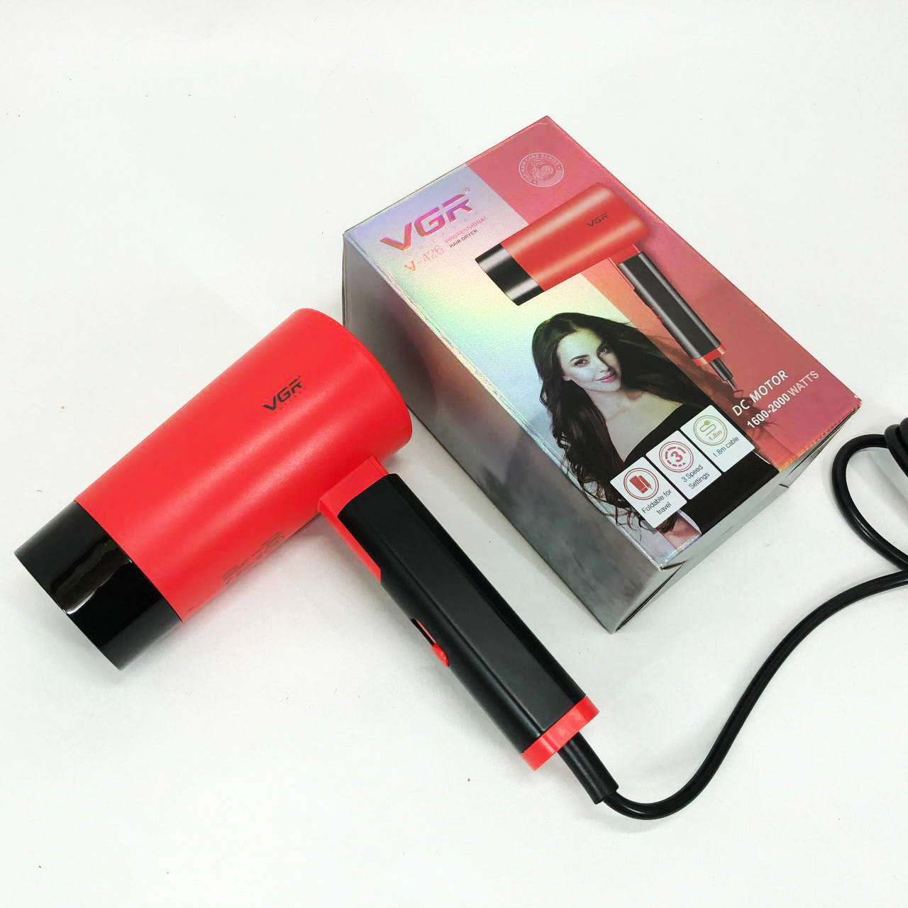 Фен со складной ручкой для волос VGR V-426 2000Вт, Стильный фен для укладки волос. Цвет: красный