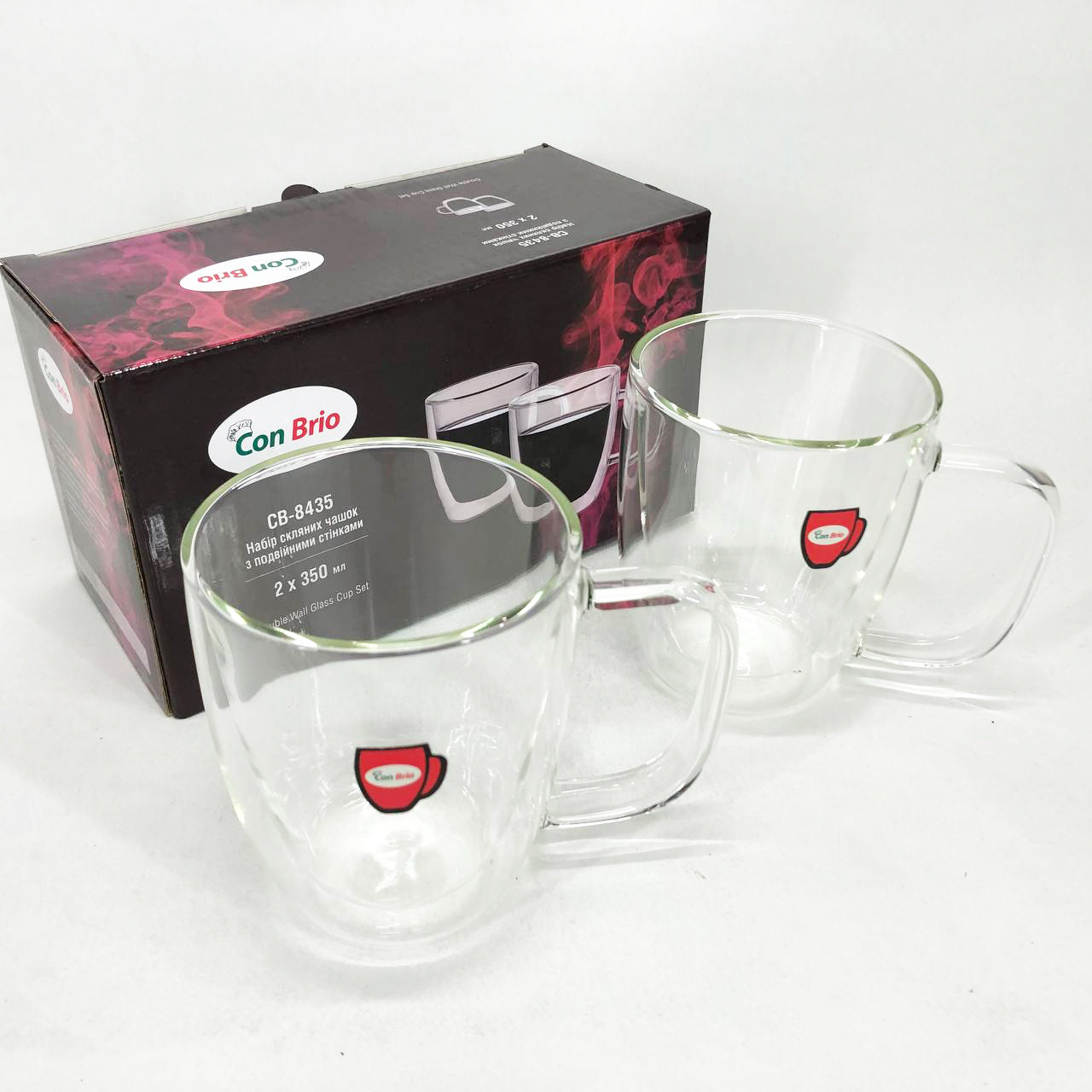 Набір скляних чашок із подвійними стінками з вушками Con Brio СВ-8435-2, 2шт, 350мл, з подвійним дном