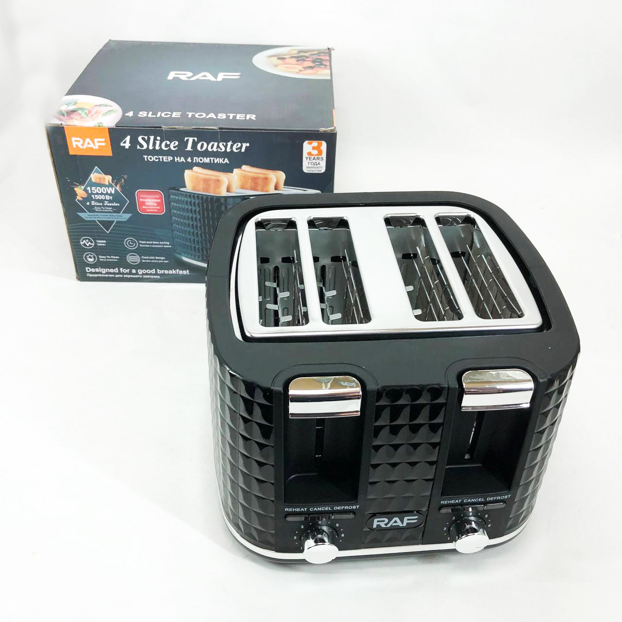 Тостер RAF R.503, 1500 Вт, 4 тоста, 6 уровней поджаривания, функции размораживания и подогрева