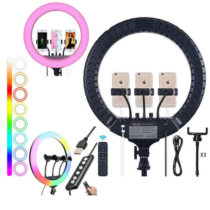 Кольцевая LED лампа RGB MJ45 Ring 45 см комплектация адаптер со встроенным кабелем, держатели для телефона, пульт