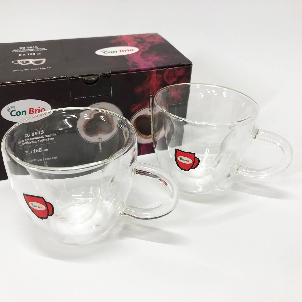 Набор чашек с двойными стенками 2 шт 150 мл Con Brio CB 8915-2, Стеклянные чашки с двойным дном