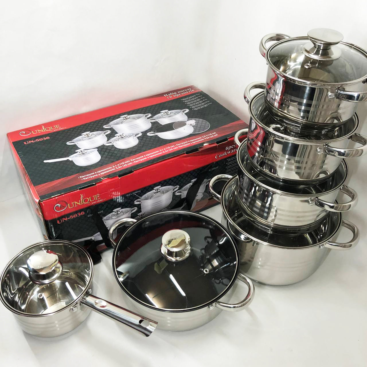 Набор посуды UNIQUE UN-5036 из нержавеющей стали с толстым 5-ти слойным дном с крышками стеклянными 12 предметов
