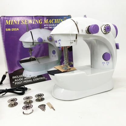 Мини швейная машинка FHSM 202 4 в 1 с педалью и подсветкой + адаптер 220V, Швейная машина для детей