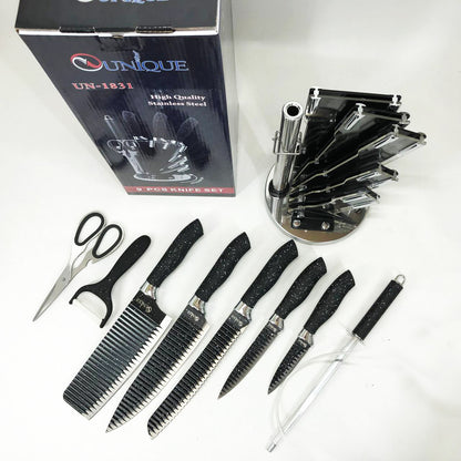 Набор ножей UNIQUE UN-1831, 9 предметов, с подставкой, нержавеющая сталь, с овощечисткой, черный