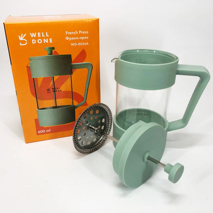 Френч-пресс Well Done WD-8056A 600 мл мятный, Стильный стеклянный заварочный чайник, Френч для чая