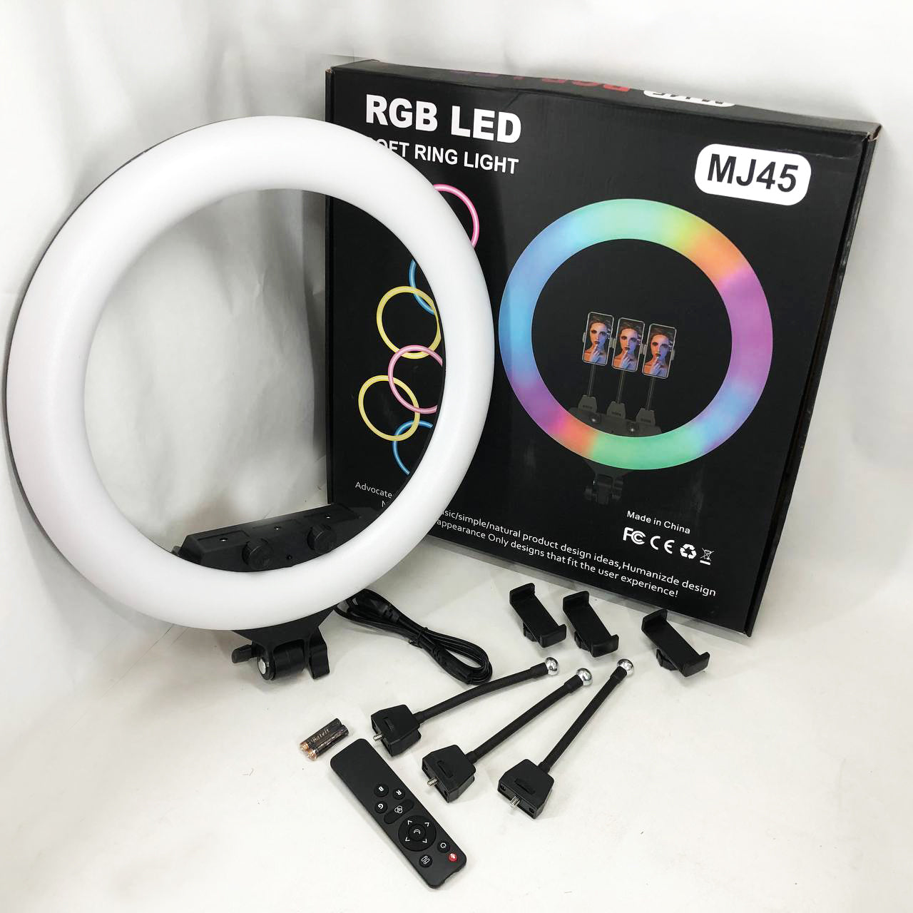 Кольцевая LED лампа RGB MJ45 Ring 45 см комплектация адаптер со встроенным кабелем, держатели для телефона, пульт