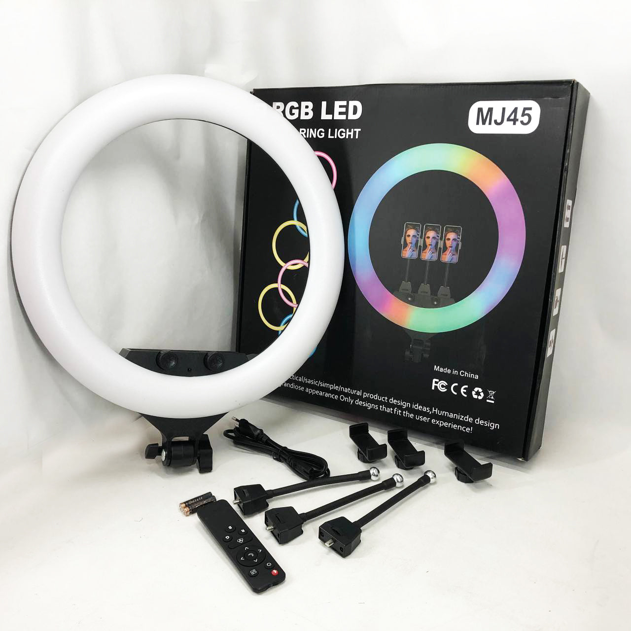 Кольцевая LED лампа RGB MJ45 Ring 45 см комплектация адаптер со встроенным кабелем, держатели для телефона, пульт
