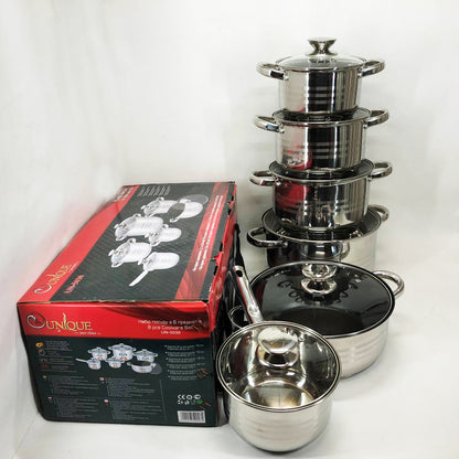 Набор посуды UNIQUE UN-5036 из нержавеющей стали с толстым 5-ти слойным дном с крышками стеклянными 12 предметов