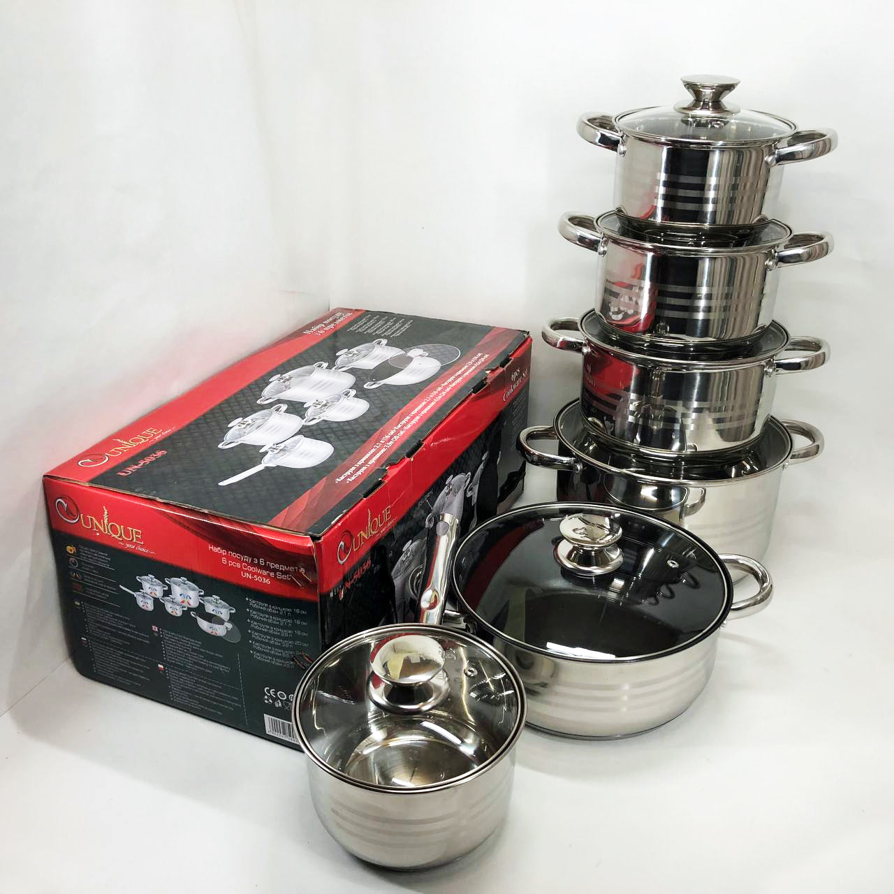 Набор посуды UNIQUE UN-5036 из нержавеющей стали с толстым 5-ти слойным дном с крышками стеклянными 12 предметов