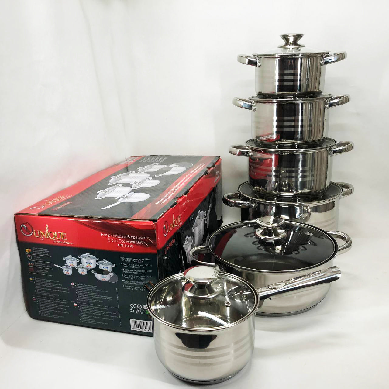 Набор посуды UNIQUE UN-5036 из нержавеющей стали с толстым 5-ти слойным дном с крышками стеклянными 12 предметов