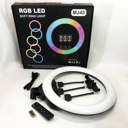 Кольцевая LED лампа RGB MJ45 Ring 45 см комплектация адаптер со встроенным кабелем, держатели для телефона, пульт