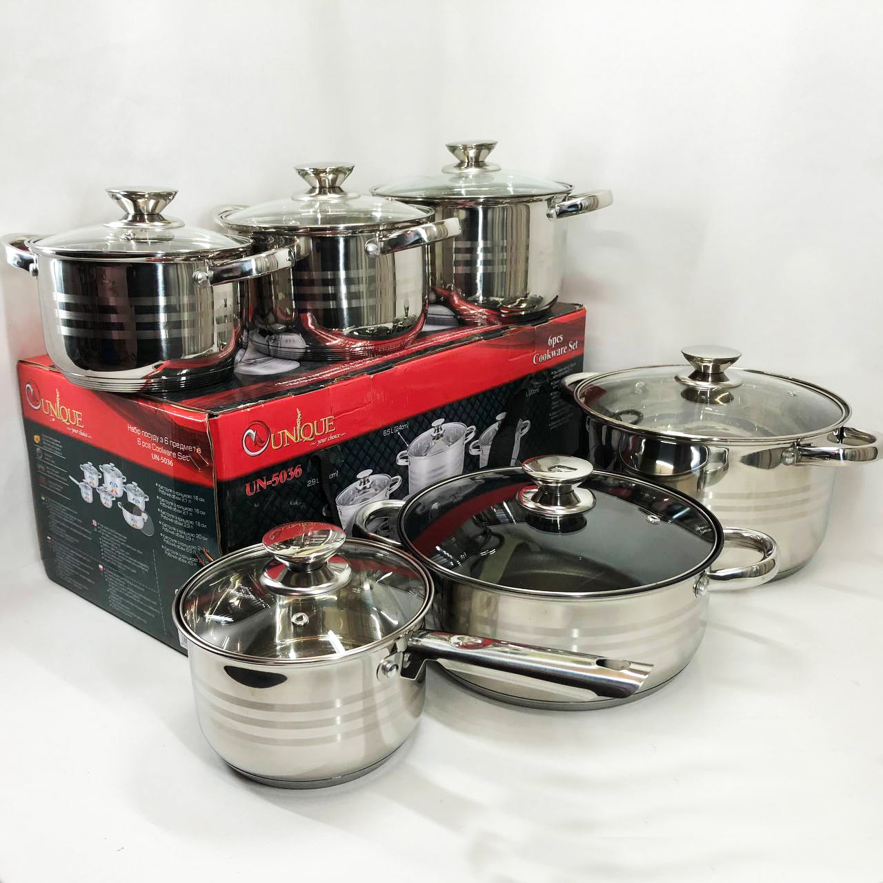 Набор посуды UNIQUE UN-5036 из нержавеющей стали с толстым 5-ти слойным дном с крышками стеклянными 12 предметов