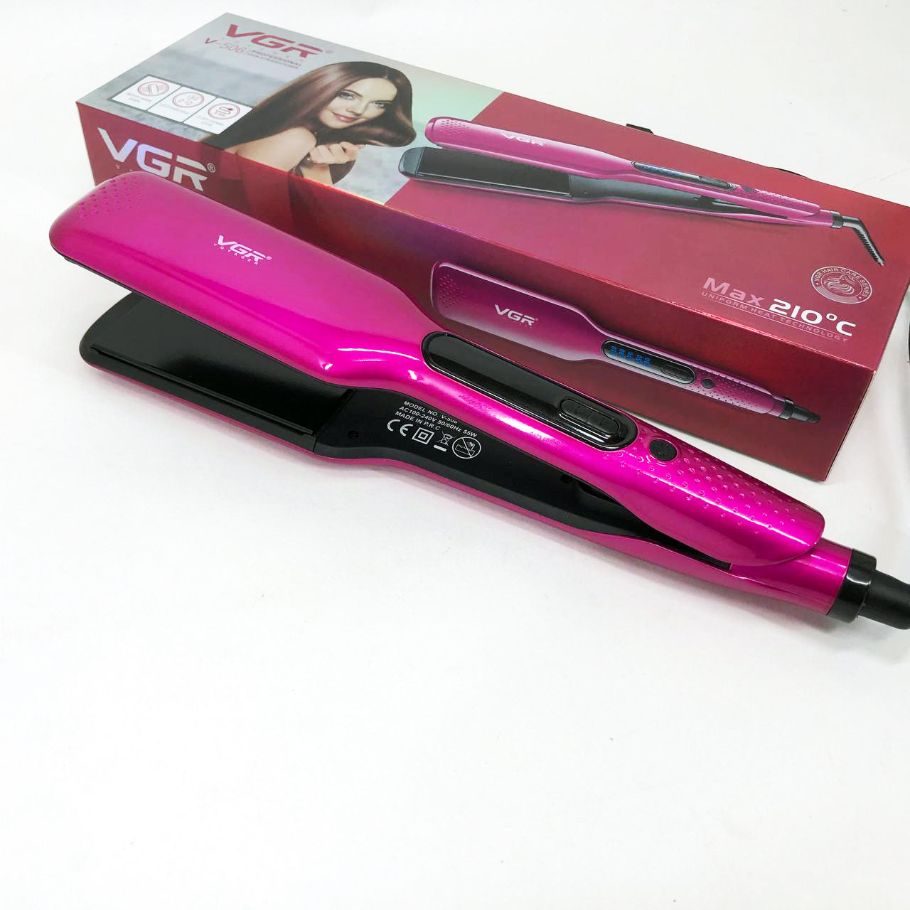 Широкий утюжок для выпрямления волос VGR V-506 мощностью 55 Вт с LED дисплеем 130-210 градусов розовый
