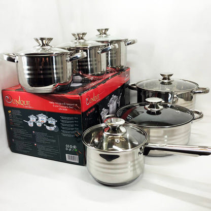 Набор посуды UNIQUE UN-5036 из нержавеющей стали с толстым 5-ти слойным дном с крышками стеклянными 12 предметов