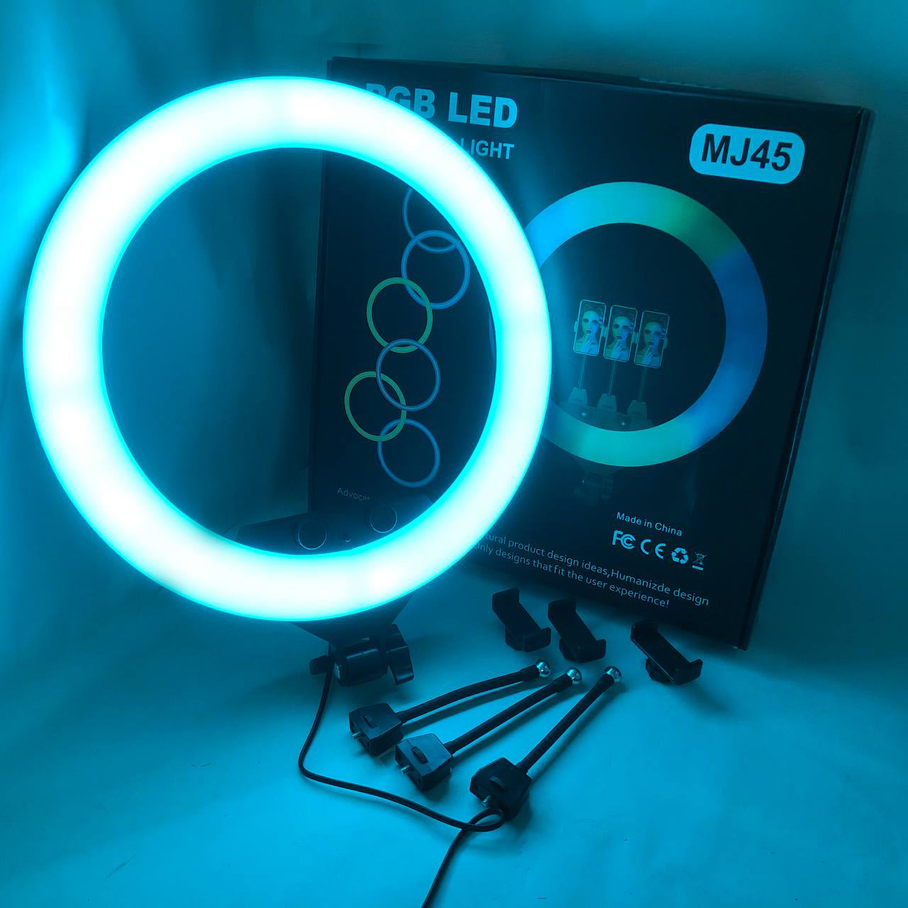 Кольцевая LED лампа RGB MJ45 Ring 45 см комплектация адаптер со встроенным кабелем, держатели для телефона, пульт