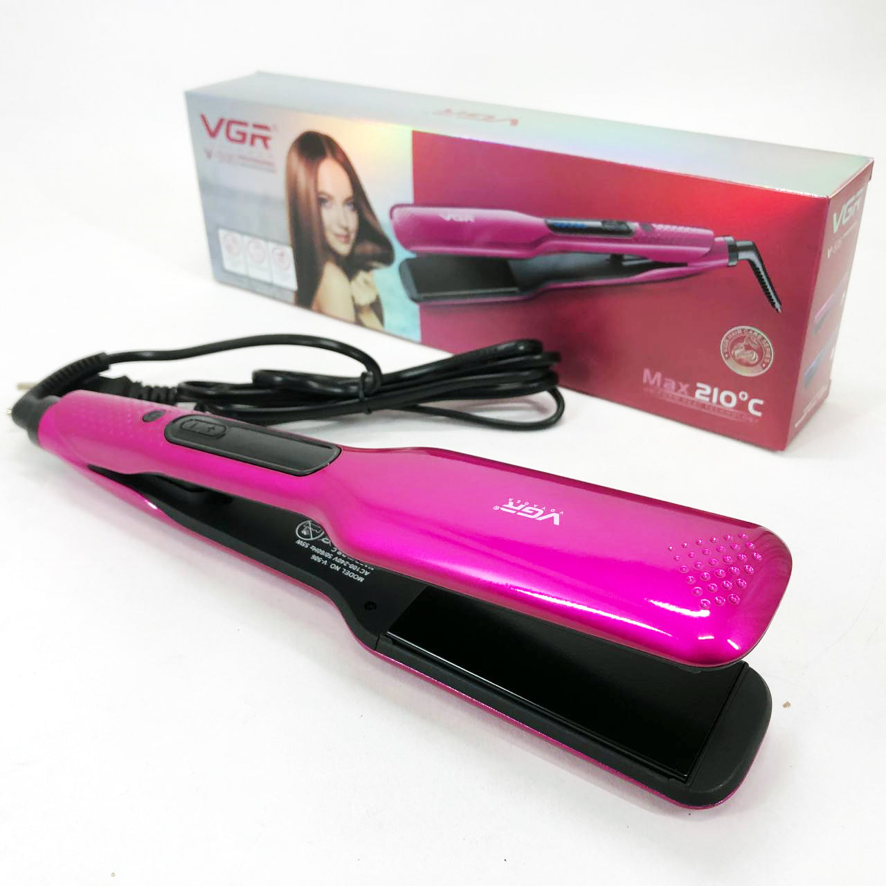 Широкий утюжок для выпрямления волос VGR V-506 мощностью 55 Вт с LED дисплеем 130-210 градусов розовый