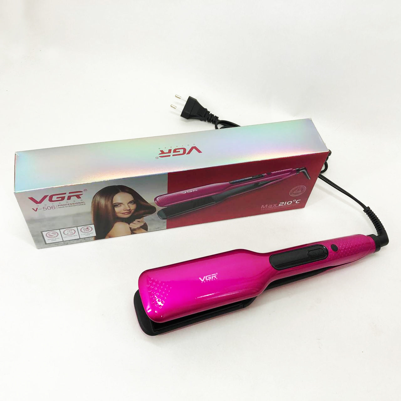 Широкий утюжок для выпрямления волос VGR V-506 мощностью 55 Вт с LED дисплеем 130-210 градусов розовый