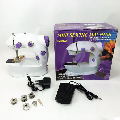 Мини швейная машинка FHSM 202 4 в 1 с педалью и подсветкой + адаптер 220V, Швейная машина для детей