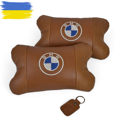 Комплект автоподушек 2шт из натуральной коричневой кожи для BMW. Ортопедическая подушка в авто БМВ
