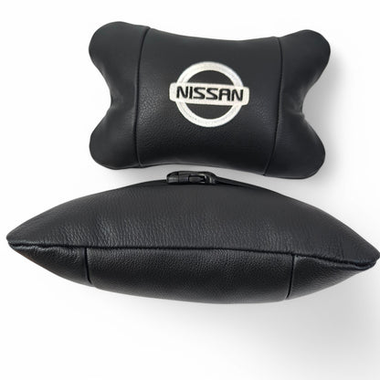 Подушки в авто 2 шт Nissan, натуральная кожа, с логотипом Ниссан, на подголовник для вашей машины