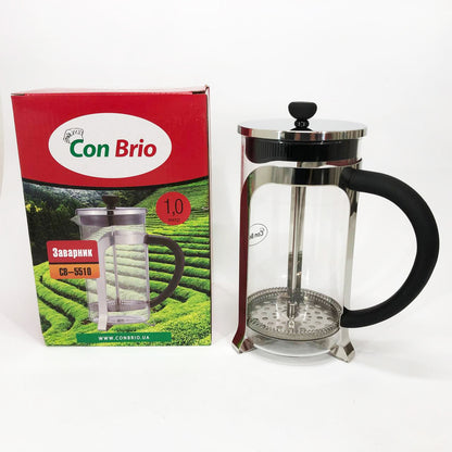 Френч-пресс Con Brio 1000 мл стекло нержавейка CB-5510, Чайник для заваривания трав, Заварник прозрачный