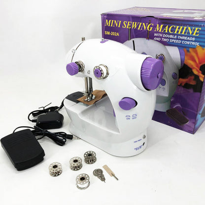Мини швейная машинка FHSM 202 4 в 1 с педалью и подсветкой + адаптер 220V, Швейная машина для детей