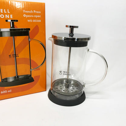 Френч-пресс Well Done WD-8036B из термостойкого стекла 600 мл, Чайник для заваривания трав прозрачный