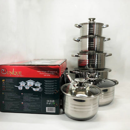 Набор посуды UNIQUE UN-5036 из нержавеющей стали с толстым 5-ти слойным дном с крышками стеклянными 12 предметов
