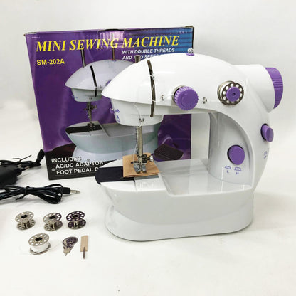 Мини швейная машинка FHSM 202 4 в 1 с педалью и подсветкой + адаптер 220V, Швейная машина для детей
