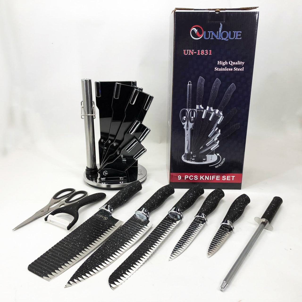 Набор ножей UNIQUE UN-1831, 9 предметов, с подставкой, нержавеющая сталь, с овощечисткой, черный