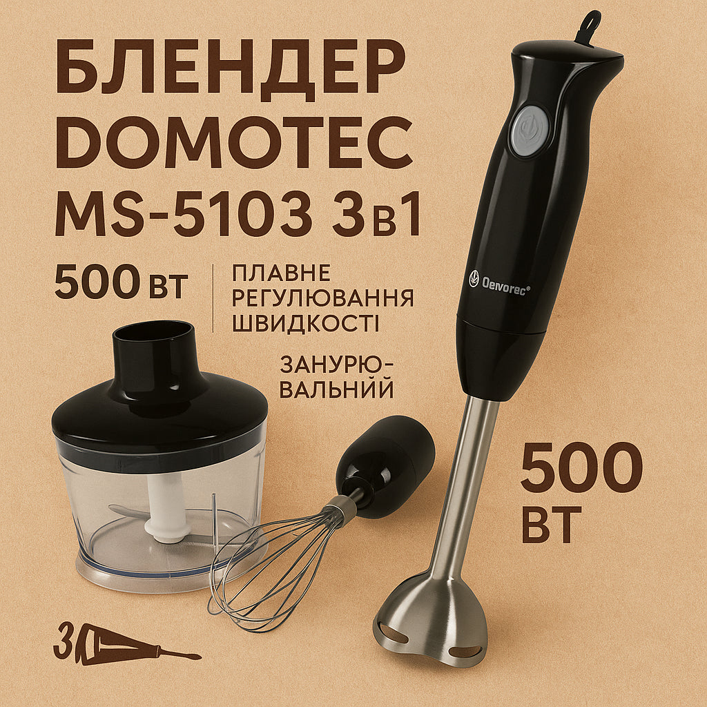 Блендер DOMOTEC MS-5103 3в1 погружной, 500 Вт, ручной погружной блендер, электрический блендер