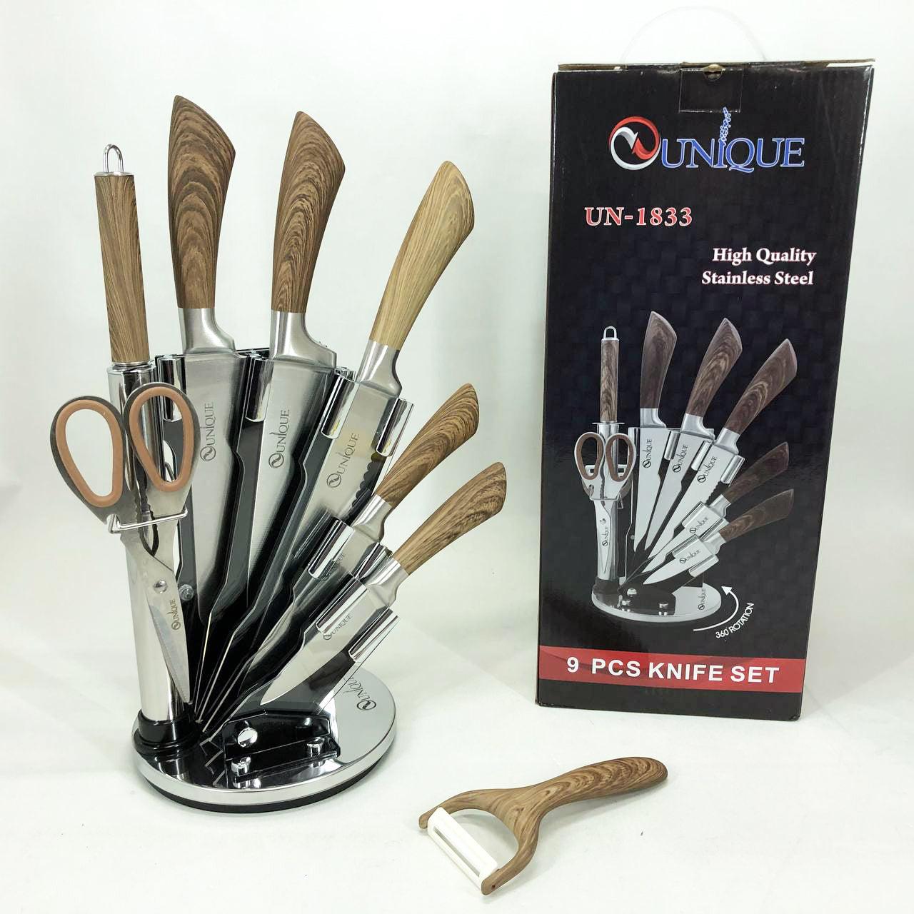 Набор кухонных ножей UNIQUE UN-1833 с деревянными ручками и подставкой