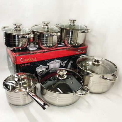 Набор посуды UNIQUE UN-5036 из нержавеющей стали с толстым 5-ти слойным дном с крышками стеклянными 12 предметов