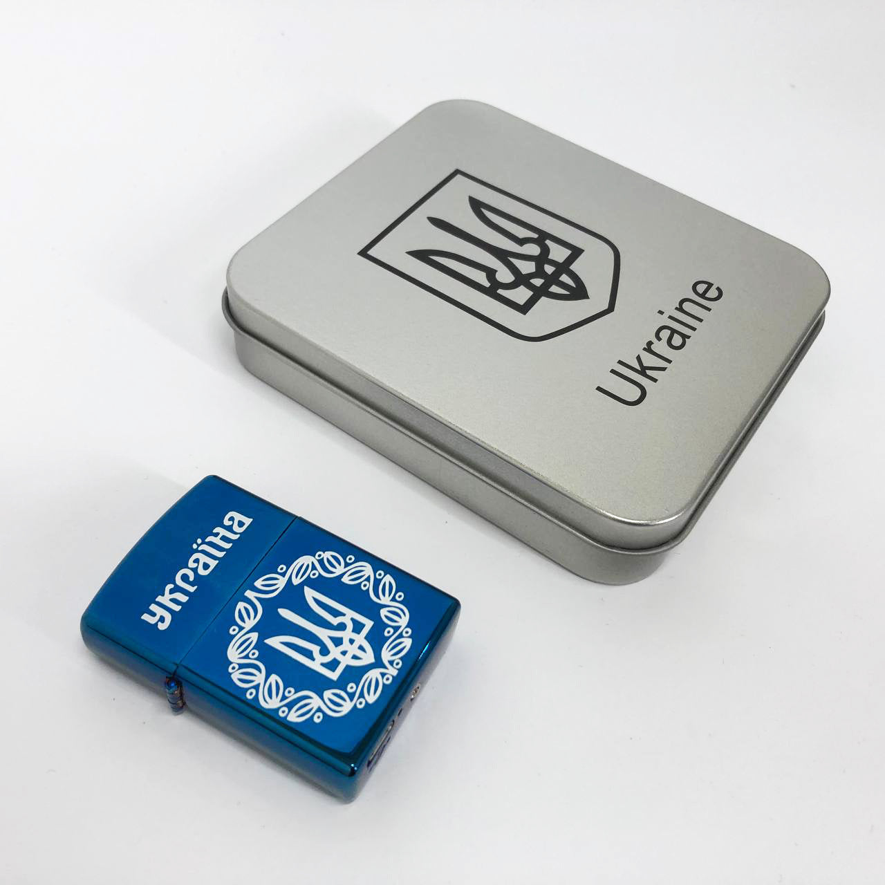Дуговая электроимпульсная USB зажигалка Украина металлическая коробка HL-447. Цвет: синий