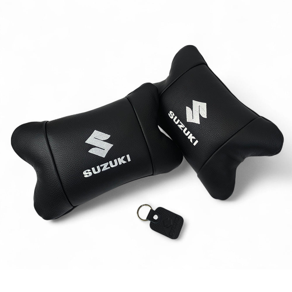 Набор кожаных подушек Suzuki с вышивкой логотипа + брелок в подарок для авто