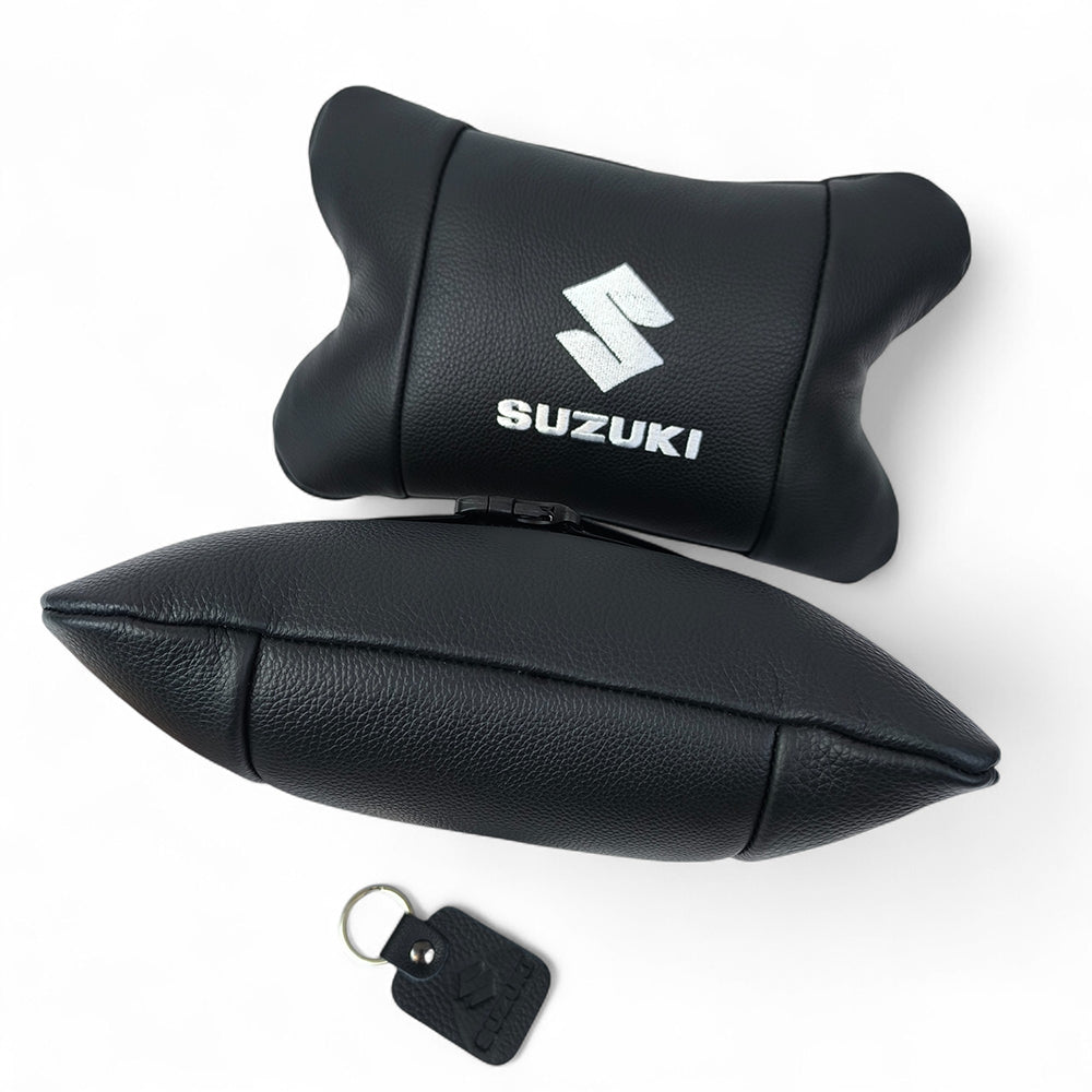 Набор кожаных подушек Suzuki с вышивкой логотипа + брелок в подарок для авто
