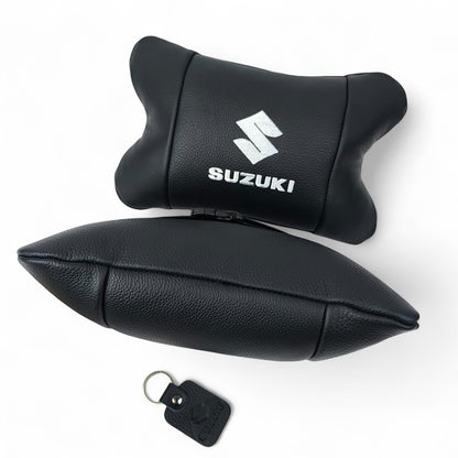 Набор кожаных подушек Suzuki с вышивкой логотипа + брелок в подарок для авто