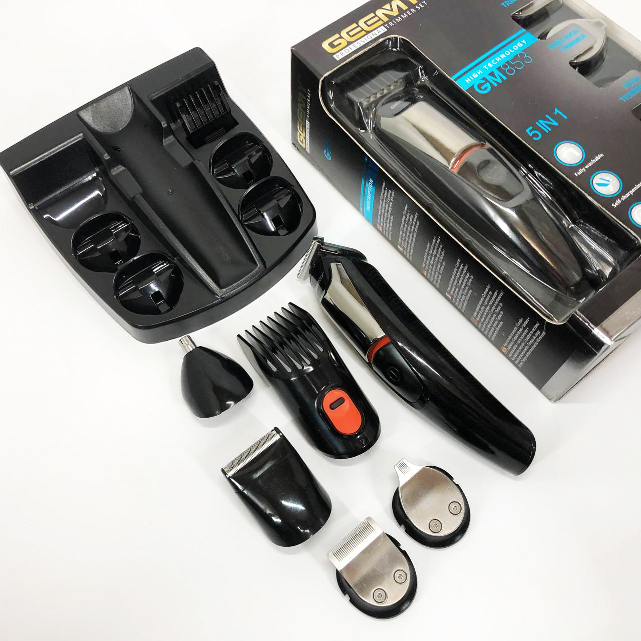 Машинка для стрижки 5в1 Geemy GM-853 стайлер, бритва, триммер на аккумуляторе нержавеющая сталь 6 насадок