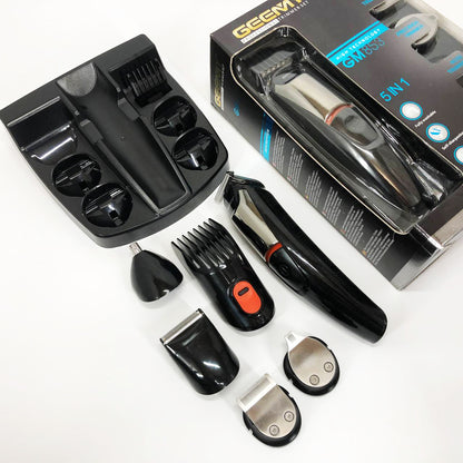 Машинка для стрижки 5в1 Geemy GM-853 стайлер, бритва, триммер на аккумуляторе нержавеющая сталь 6 насадок