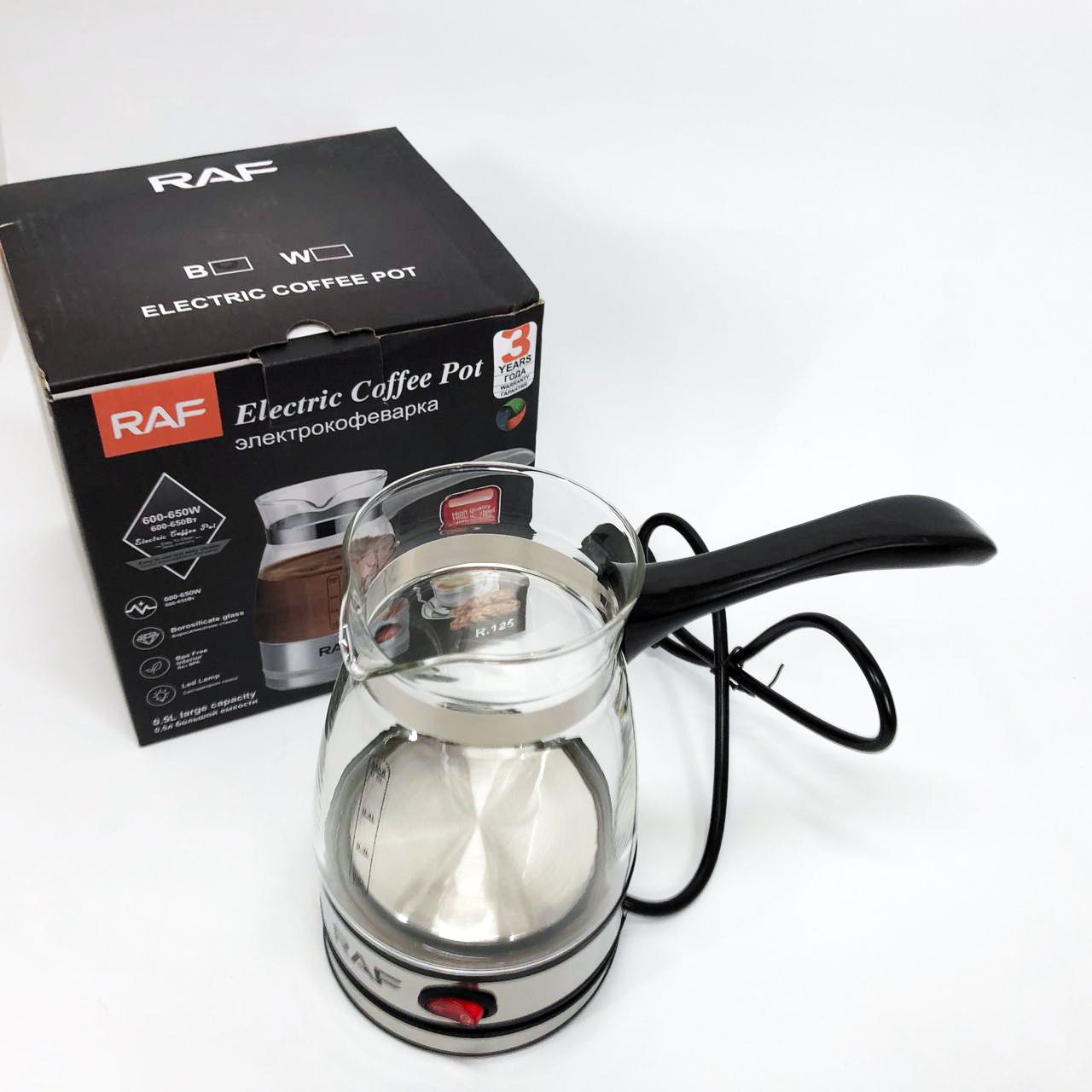 Электрическая турка для кофе RAF R.125 Кофеварка со стеклянной чашей 500мл 600 Вт. Цвет: черный