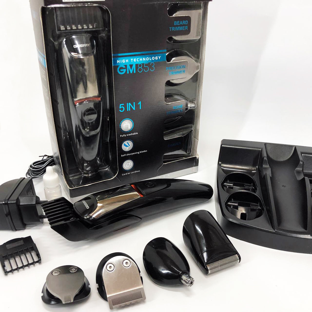 Машинка для стрижки 5в1 Geemy GM-853 стайлер, бритва, триммер на аккумуляторе нержавеющая сталь 6 насадок