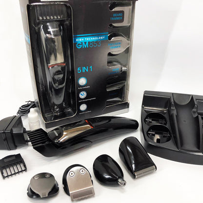 Машинка для стрижки 5в1 Geemy GM-853 стайлер, бритва, триммер на аккумуляторе нержавеющая сталь 6 насадок