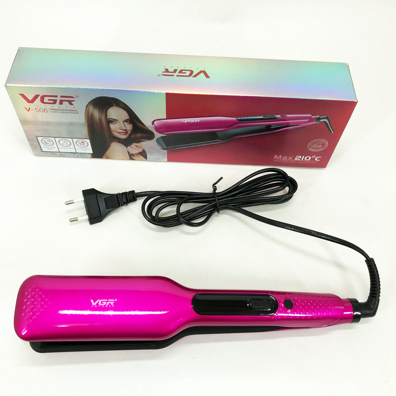 Широкий утюжок для выпрямления волос VGR V-506 мощностью 55 Вт с LED дисплеем 130-210 градусов розовый